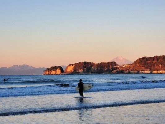 Zaimokuza Beach...surfer with Mt. Fuji in the distance