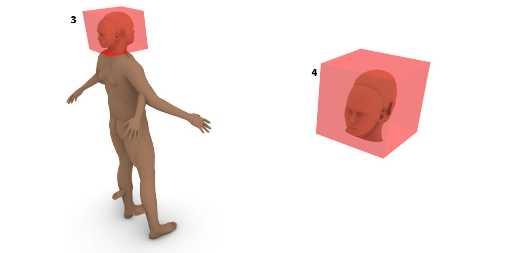bounding box around the heads, mesh boolean difference