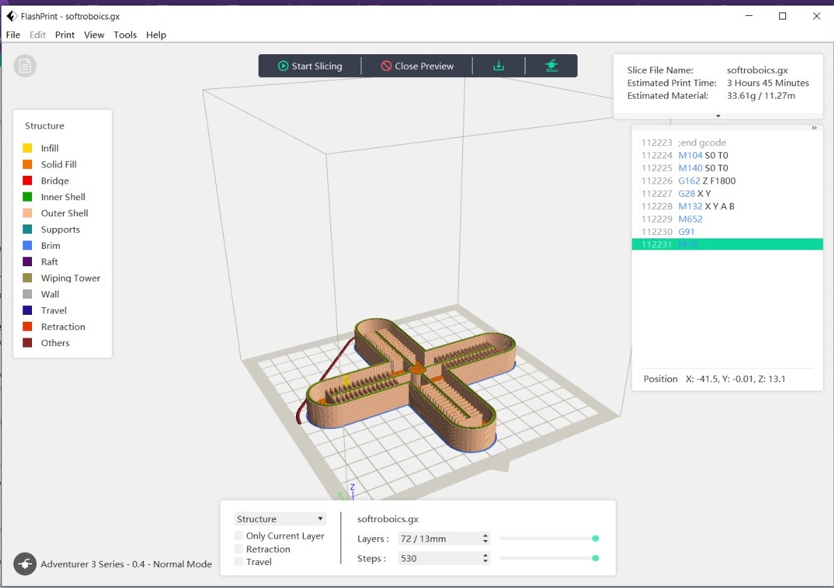 Slicer screen of the 3D printer software