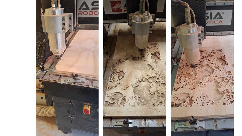 Completed CNC-milled wooden mold showing the moss-inspired pattern