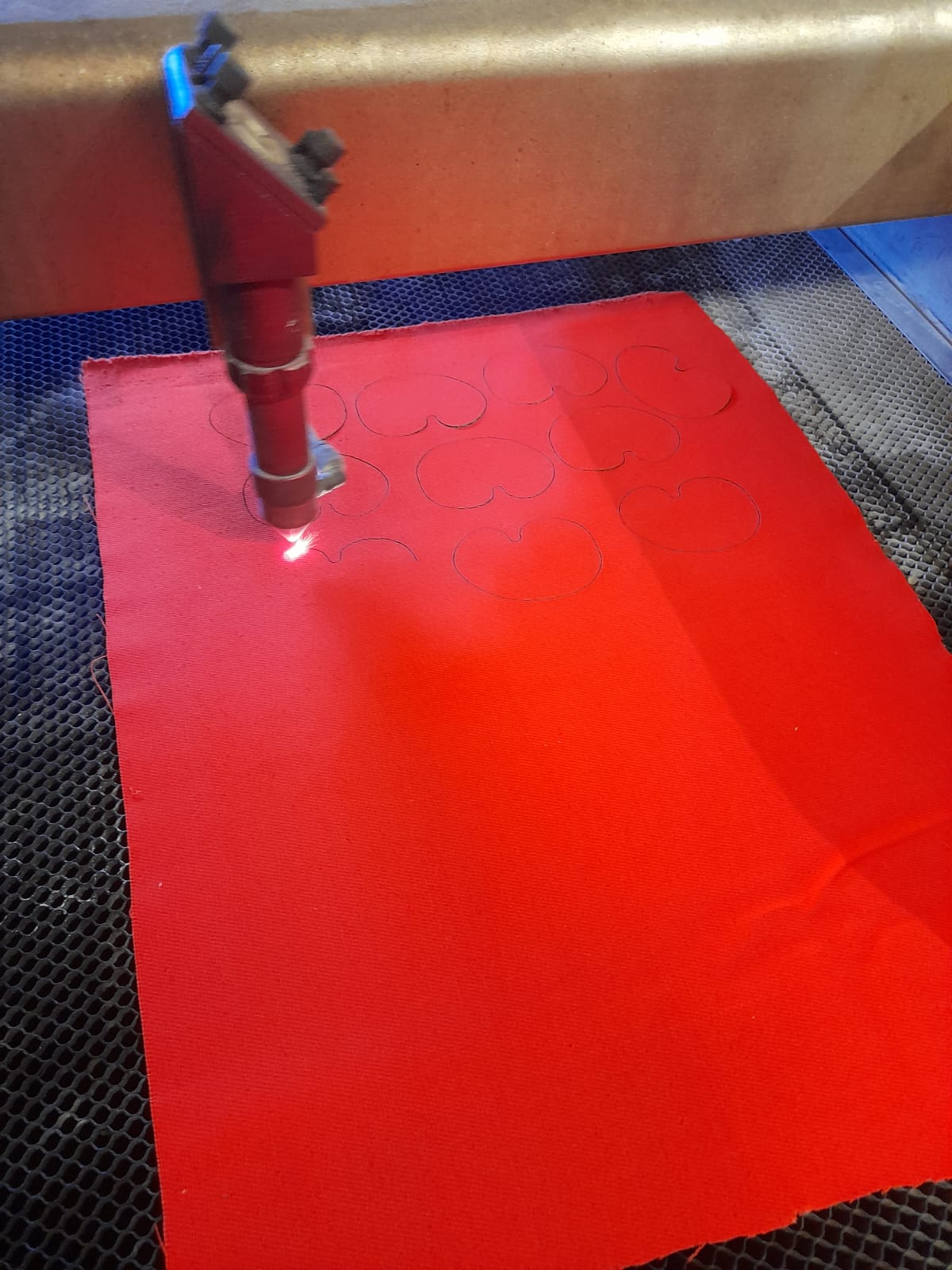 Laser cutting in progress on canvas