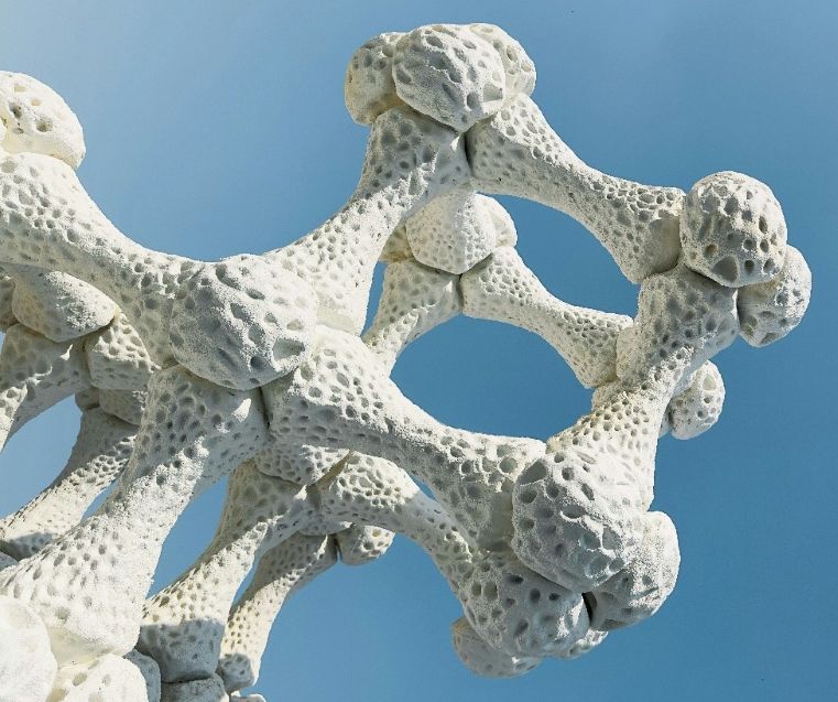 Sculpture of stone, like a coral with balls like scaffolding ones on a fiber