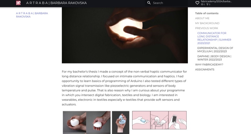 Barbara Rakovska website showing a haptic communication project