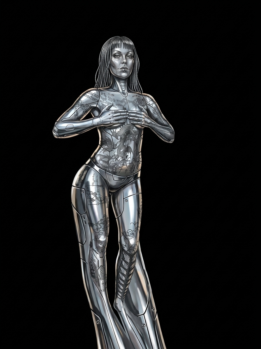Generated illustration of girl in underwear as a metalic robot