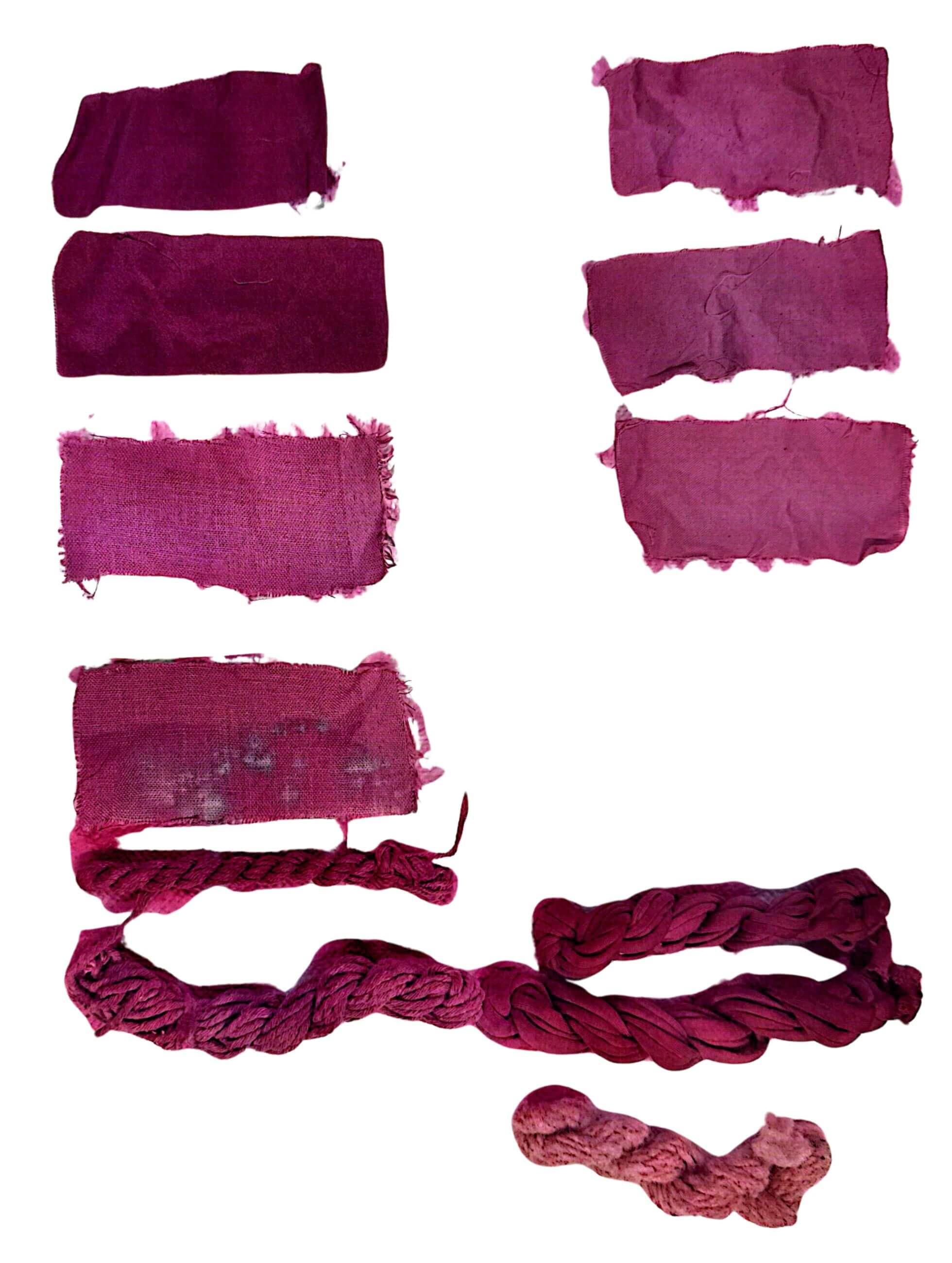 scanned sample sheet of my natural dying experiments on multiple fibres