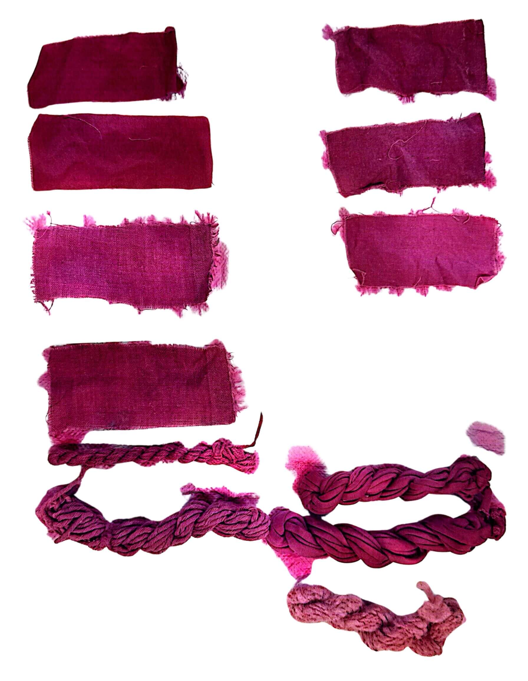 scanned sample sheet of my natural dying experiments on multiple fibres