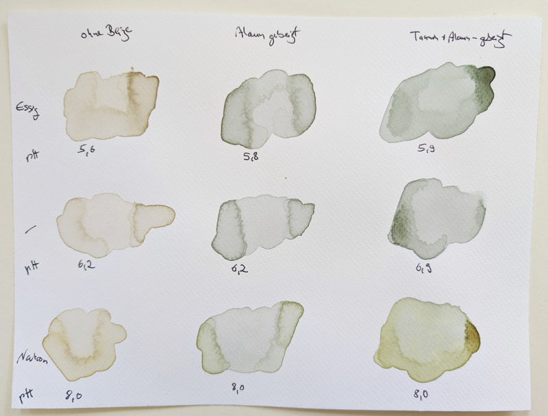 Painting samples to test the colour of the Mallow-dye baths