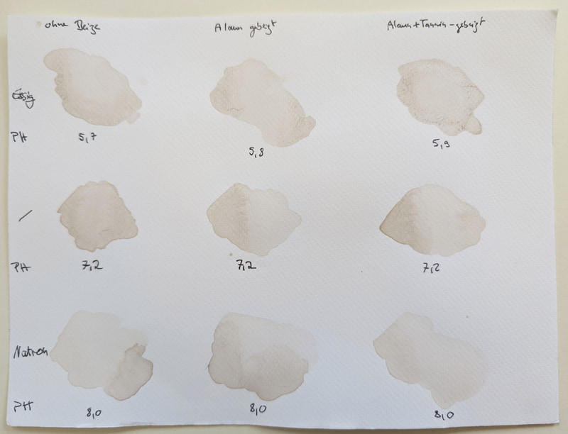 Painting samples to test the colour of the Walnut-dye baths