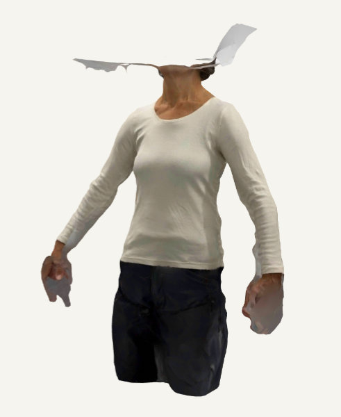 Torso with visible arms and neck, wearing gray shirt against white background