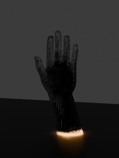 Hand made of stacked transparent layers and slightly glowing from below