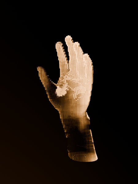 Hand made of stacked transparent layers brightly lit from the right side and glowing throughout