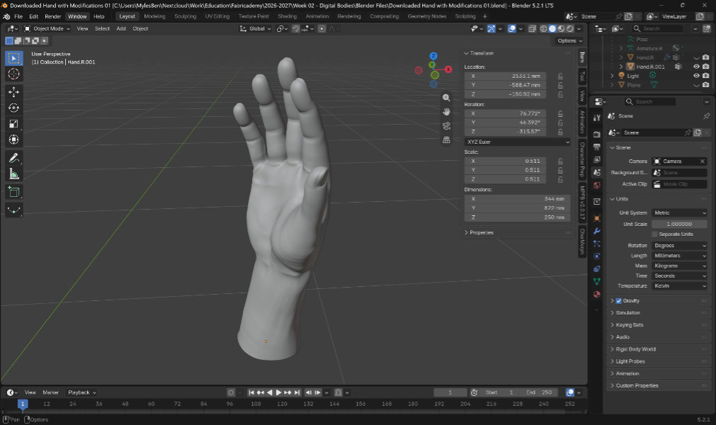 Screenshot of 3d modeling software with gray hand and forearm standing vertically in the center of the screen