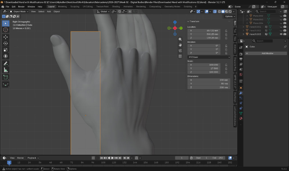 screenshot of 3d modeling software withe gray hand on screen and the section where the thumb attaches covered in translcuent rectangle