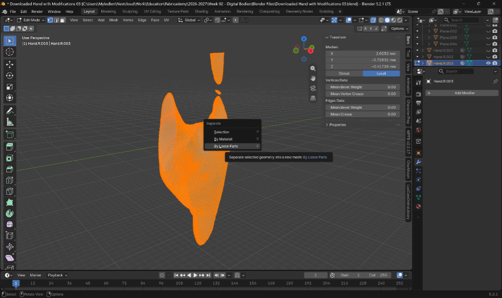 screenshot of 3d modeling software with section of a hand covered in orange dots and lines