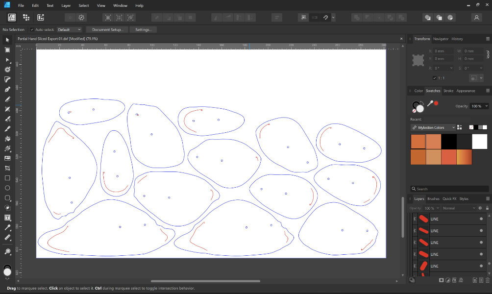 blue and red outline shapes tightly packed on white page