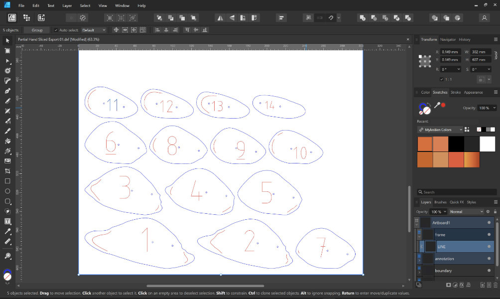 blue and red outline shapes lined up in a grid on white page