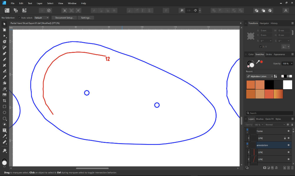 blue outline shape with tiny red 12 alongside red curve