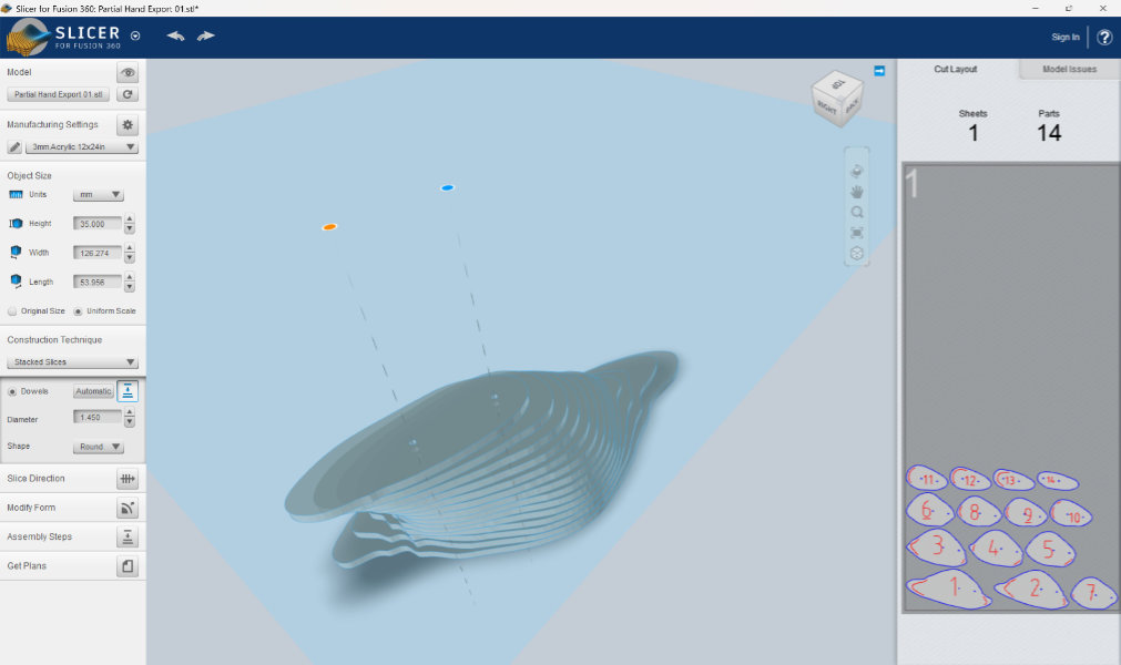 screenshot of 3d modeling software showing amiguous shape divided horizontally into layers with a blue square hovering above it