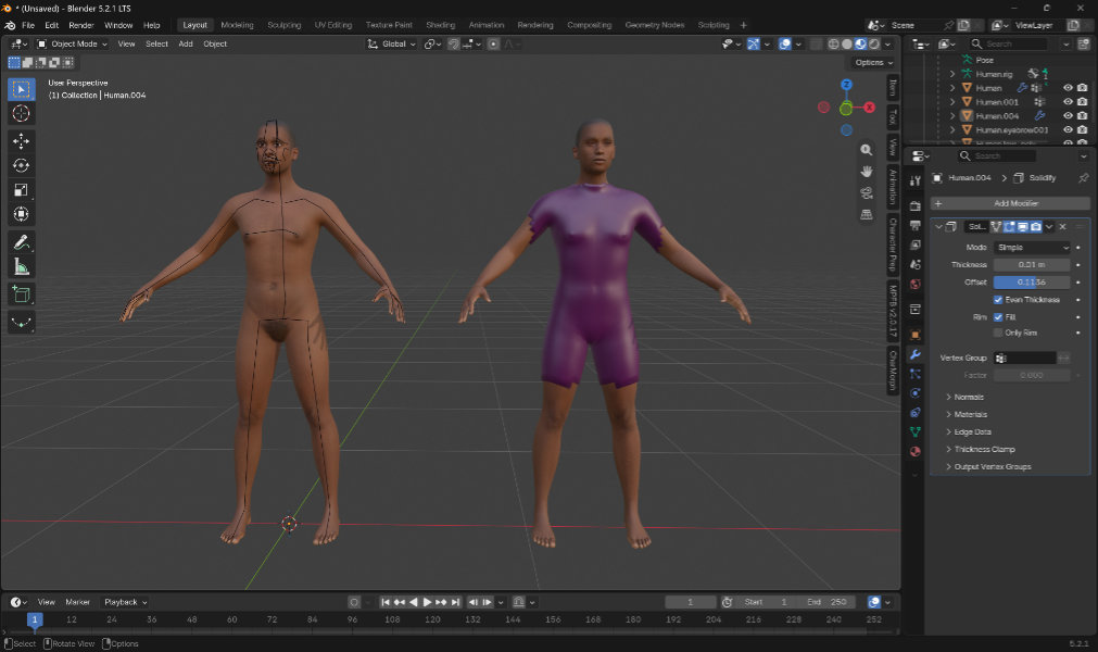 Screenshot of 3d modeling software with naked human figure on the left of the screen and purple body-suit-clothed figure on the right