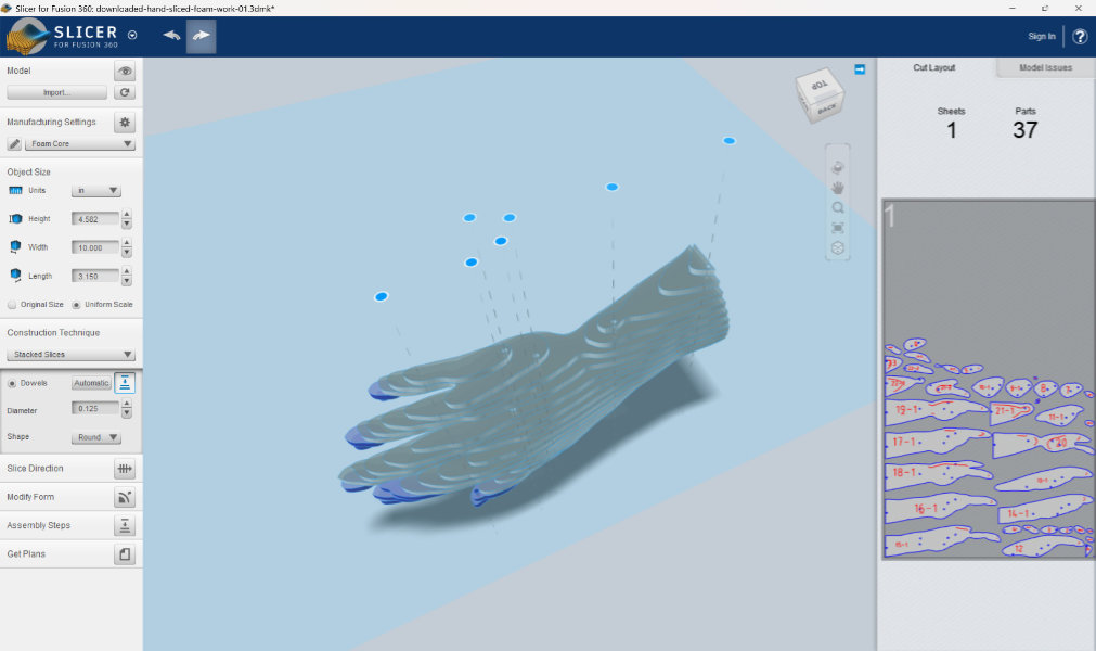 Screenshot of 3d modeling software showing blue hand divided horizontally into layers