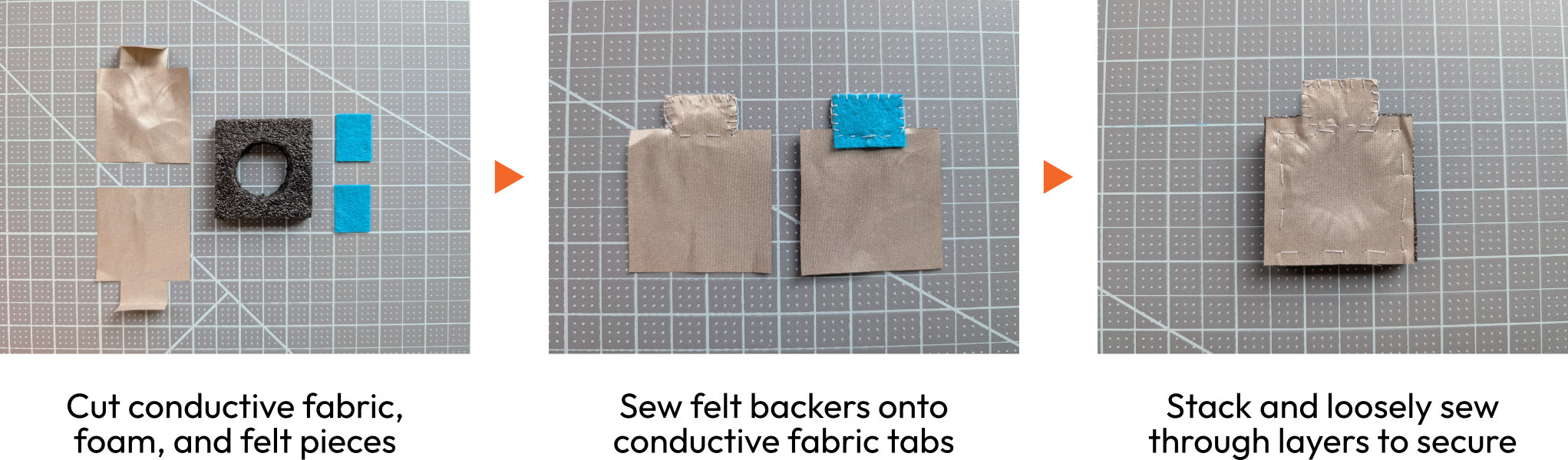 3 photos of silver fabric and black foam against gray backdrop with white lines